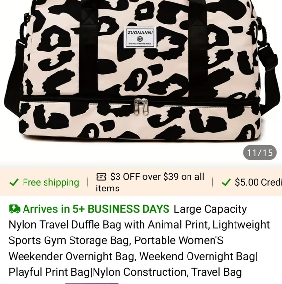 Black and White Animal Print Duffel Bag - Picture 3 of 9